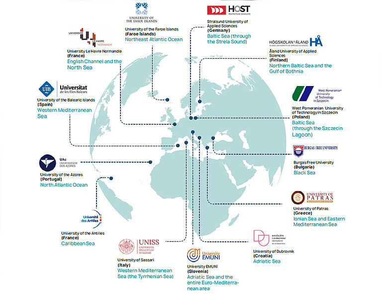 Infografik zum EUNICoast-Projekt: Weltkarte mit eingezeichneten Standorten der Partnerhochschulen