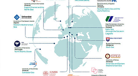 Infografik zum EUNICoast-Projekt: Weltkarte mit eingezeichneten Standorten der Partnerhochschulen