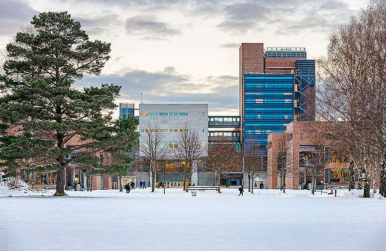 Winteraufnahme des Campusgelände der University of Agder in Kristiansand