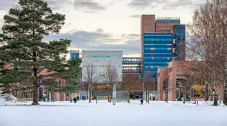 Winteraufnahme des Campusgelände der University of Agder in Kristiansand