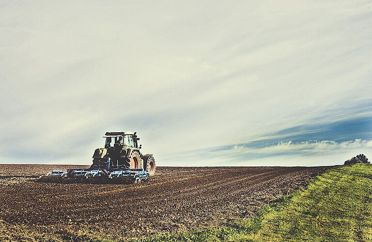 Traktor von hinten, der ein Feld pflügt